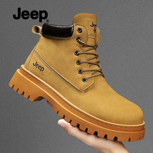 Jeep吉普高帮踢不烂大黄靴男秋冬新款休闲厚底马丁靴英伦风工装靴子男 土黄【标准运动鞋码】 40