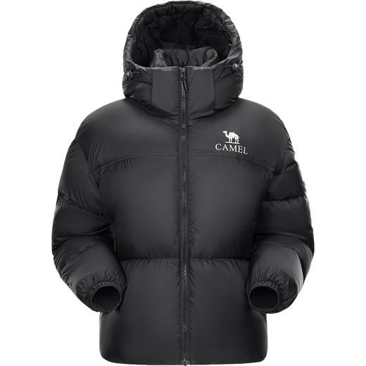 Camel 660 high-coat down jacket for women short thickened windproof hooded bread down jacket for women 724CA6B601B, Phantom Black, Women 2XL