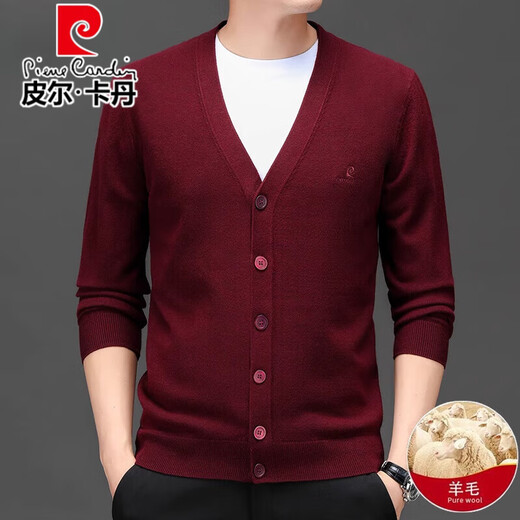 Pierre Cardin high-end wool knitted cardigan for men 100% wool autumn and winter 2025 new velvet thickened warm base sweater beige L 175/92A
