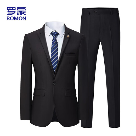 ROMON Suit Men's Business Slim Professional Formal Wear Groomsman Groom Wedding Dress Two-piece Y306 Black XL
