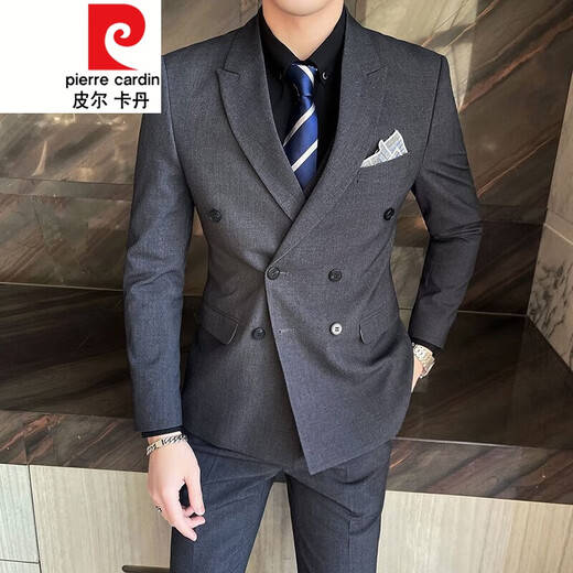 Pierre Cardin Men's Suit Business Korean Style Slim Wedding Dress Double-breasted Jacket Solid Color Suit Three-piece Men's Fashion G8015 Light Blue Suit Pants Tie M (95-118Jin Jin equals 0.5 kg)