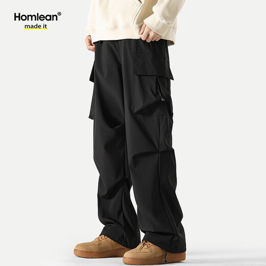 Homlean American functional paratrooper work pants men's spring and summer loose niche wide-leg casual hiking trousers S6603 black XL
