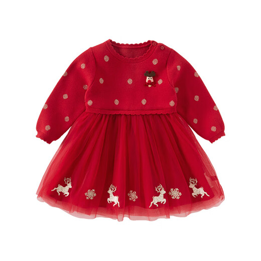 DAVE&BELLA Children's Sweater Dress Autumn and Winter New Girls Christmas Skirt Children's Mesh Skirt Girl Baby Skirt Chinese Red Spot 100 cm (recommended height 90-100cm) cm (recommended height 90-100cm)