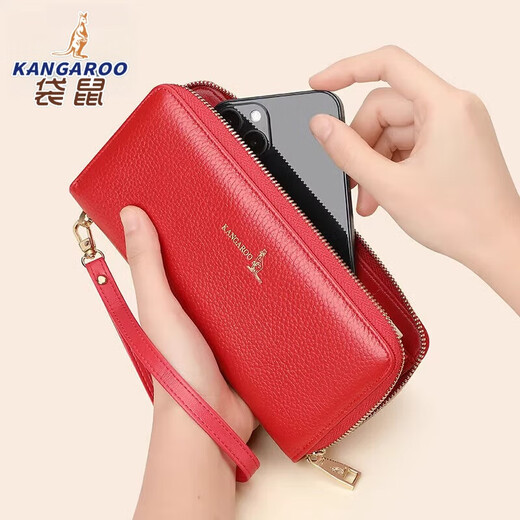 Kangaroo Long Cowhide Zipper Clutch 2025 Summer Genuine Leather Simple Ladies Wallet Red
