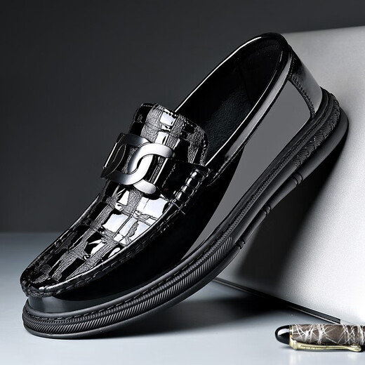 KEDUN Spring and Summer Peas Shoes Men's Genuine Leather Soft Sole Lazy Slip-on Men's Business Casual Leather Shoes Glossy Height-increasing Men's Shoes Black (Flat Heel) 42