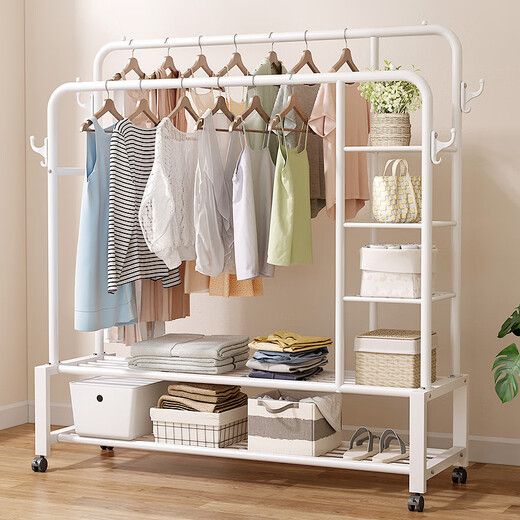 Wooden bottle multifunctional clothes rack floor-standing bedroom simple clothes drying rod for drying clothes storage clothes rack indoor coat rack (150cm white) double pole double layer net + side net with wheels large