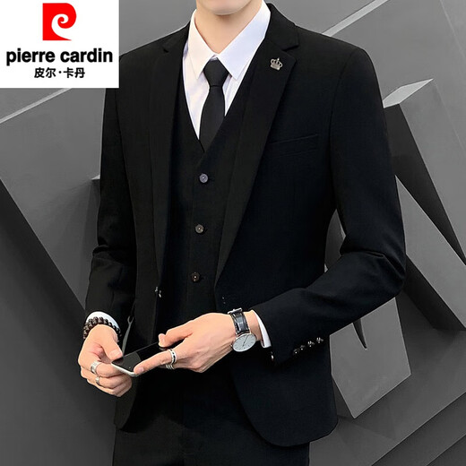 Pierre Cardin (pierre cardin) high-end suit suit for men, groom, wedding, Korean version, trendy business formal dress, slim and handsome small suit jacket, black suit + trousers + vest XL recommended 121-140Jin Jin equals 0.5 kg