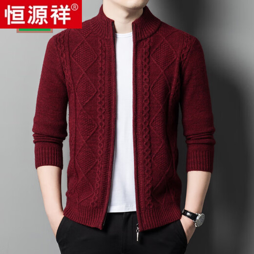 Hengyuanxiang 100% pure wool fleece men's autumn and winter thickened knitted cardigan coat sweater large size wool top men's camel pure new 100 175/XL