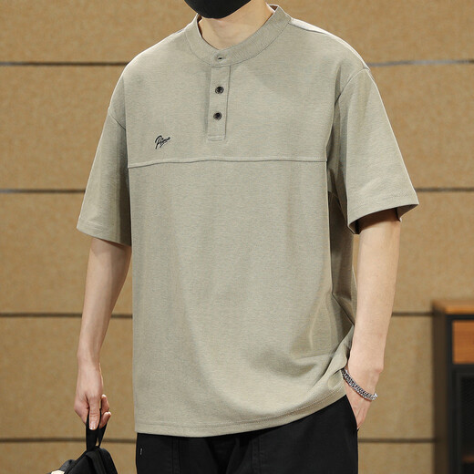 Ten Cranes American Retro Polo Shirt Men's Short Sleeve Loose Casual Half Sleeve Men's Summer Large Size Men's Henley Collar T-shirt Light Brown 2XL (160-180Jin Jin equals 0.5kg)