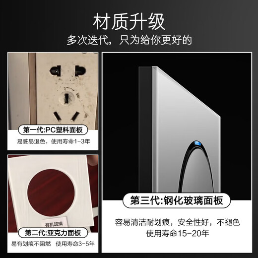 国际电工86型家用墙壁暗装LED轻点开关插座灰色钢化玻璃面板一开双控 一开单控(加厚玻璃面板) 开关 复位开关