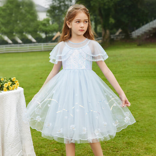 ASK JUNIOR Girls Dress Summer Thin Children's Skirt Classic Fashion Mesh Princess Dress Blue 120