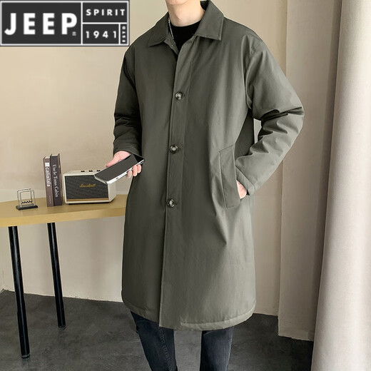 JEEP SPIRIT windbreaker mid-length men's lapel coat single-breasted autumn over-the-knee loose casual versatile tops black 3XL