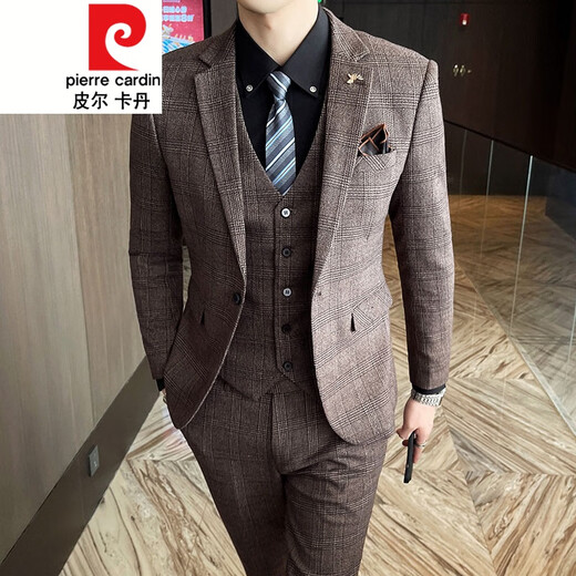 Pierre Cardin Suit Men's Slim Casual Business Formal Wear Groom Wedding Dress Plaid Suit Jacket Trend 2017 Coffee Style (Suit, Pants) Tie M (85-108Jin Jin is equal to 0.5 kg)