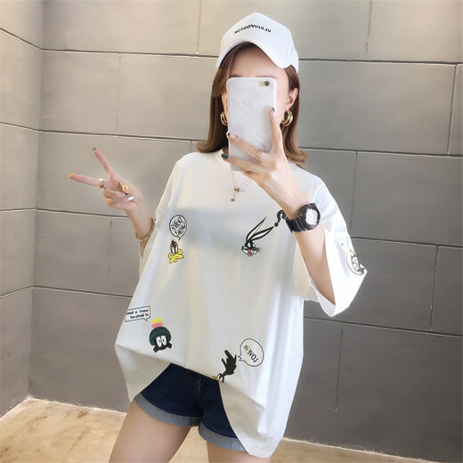 Langyue Women's Summer Printed Short-Sleeved T-Shirt Loose Korean Style Casual Round Neck Female Student Top LWTD201505 White M