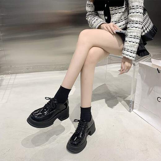 Nine-inch sunshine black thick-soled small leather shoes for women spring heightening thick-soled Mary Jane shoes platform round toe high-heeled loafers jk bright black small leather shoes (6.5cm) 37