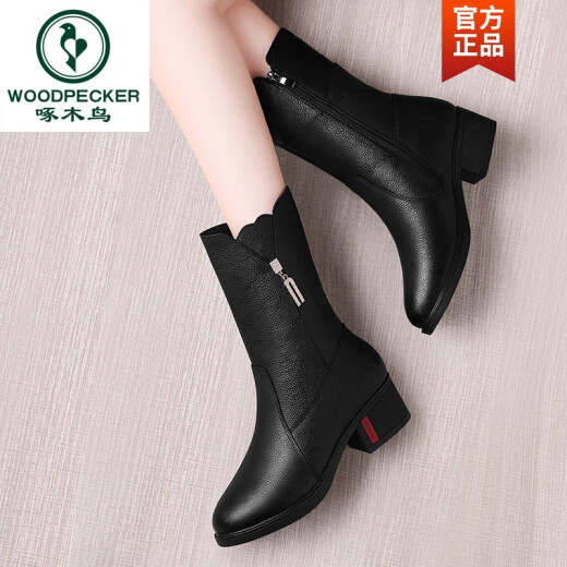 Holzspaderkopfschicht Cowide Martin Stiefel mittlere Mutterstiefel Frauen echte Lederschuhe 2025 Neuer Herbst und Winter plus Velvet Mid-Tube-Stiefel GQ 9716 Black Plus Velvet 40