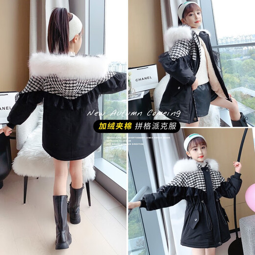 细仔码头儿童装女童派克服外套中大童毛领时尚加绒加厚中长款大衣棉服韩版 卡其色 毛领可拆卸 160