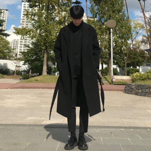 Cotton windbreaker jacket spring and autumn windbreaker men's medium-length Korean style coat thickened warm coat black long XL (120-140Jin [Jin equals 0.5 kg])