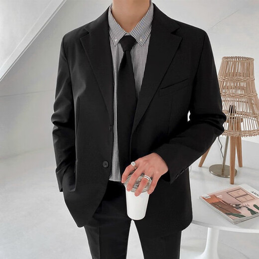 An Chuxia business professional formal casual suit men's spring and autumn Korean version slim small suit male student class uniform black suit + short shirt + black trousers + tie L Follow for free tie
