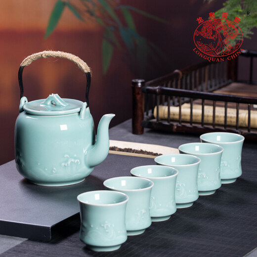 Longquan celadon large-capacity teapot teacup household one pot six-cup ceramic Kung Fu tea set gift box Diyao Tianqing including gift box
