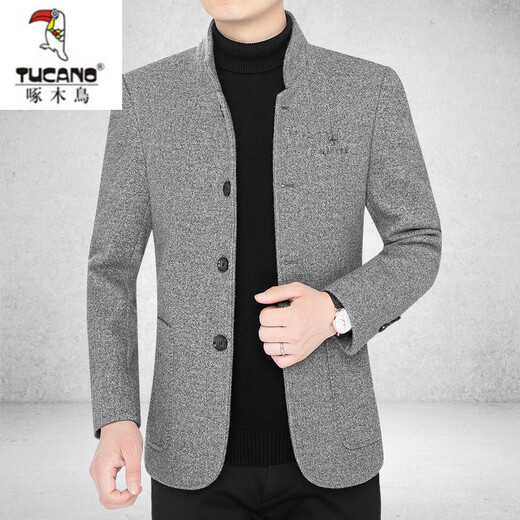 Woodpecker (TUCANO) high-end men's woolen jacket for men 2023 autumn and winter new stand-up collar thickened woolen coat dad wear black gray L 175 suitable for 120-135Jin Jin equals 0.5 kg