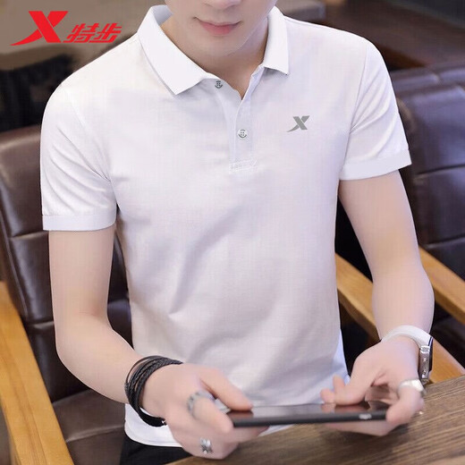 特步短袖T恤男装新款透气耐磨t恤翻领polo衫速干冰丝感休闲运动服上衣 白色(速干翻领) L /175