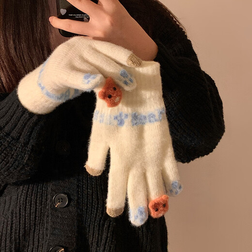 Chajin Cute Plush Knitted Five-Finger Gloves for Women, Warm and Thickened in Winter for Students with Touch Screen for Cycling, Cold and Windproof in Winter, Cute Little Fox White, Velvet and Thickened/Touch Screen