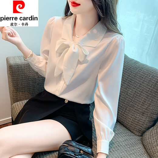 Pierre Cardin Mulberry Silk Long Sleeve Shirt Women's Spring and Autumn New Bow Retro Fashion Style Shirt High-end Silk Top White L 106-115Jin Jin equals 0.5 kg