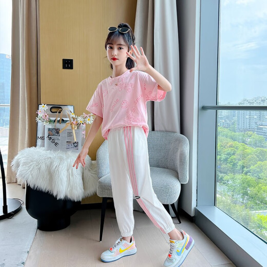 Mipaika cute children's clothing girls suit summer new style children's short-sleeved medium and large children's girl nine-point pants summer style two-piece suit green 140 size recommended height 130-140 cm