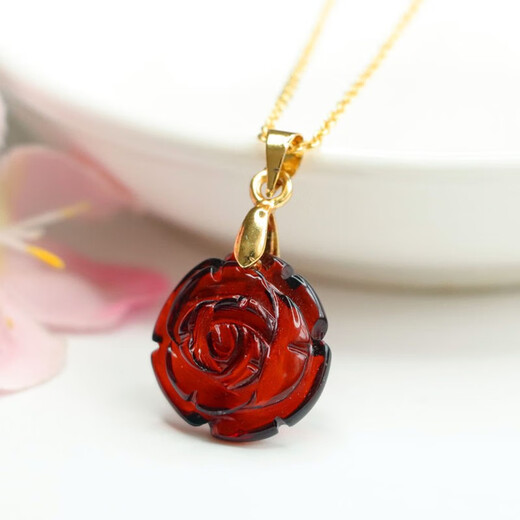 Tris raw amber pendant, water purification blood amber rose necklace, jewelry pendant, Valentine's Day gift for mom and wife, blood amber rose pendant (with silver chain)