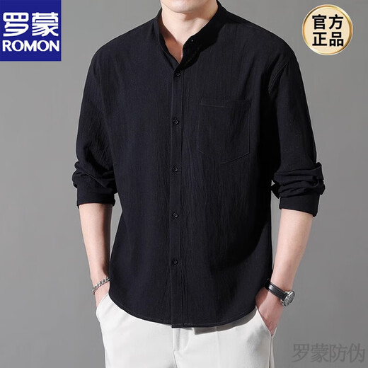 ROMON stand collar long-sleeved shirt men's pure cotton 2026 autumn thin casual loose shirt men's genuine pocket new product black XL 120-140Jin Jin equals about 0.5 kg