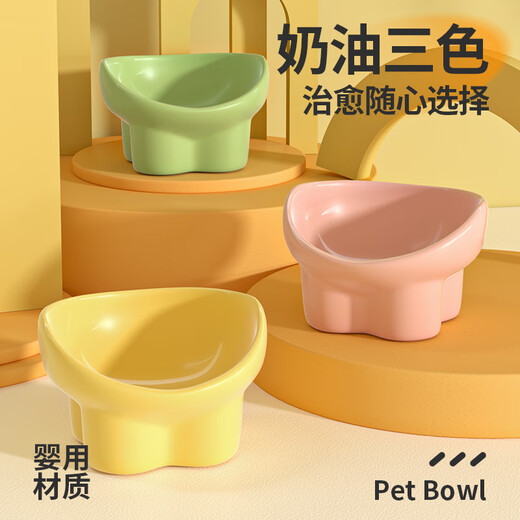 Qi Oh Cat Bowl Ceramic Cat Food Bowl Dog Bowl Food Bowl Cat Rice Bowl Large Diameter Water Bowl Slant Bowl Anti-Tip Bowl Pet Supplies Double Bowl + Grain Spoon Matcha Green + White Peach Powder