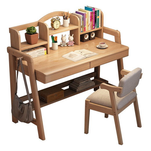 Bamboo sound solid wood desk student study desk Nordic simple study computer desk home desk bookshelf combination writing desk solid wood color imported solid wood without leather adjustable height 1 meter solid wood single table