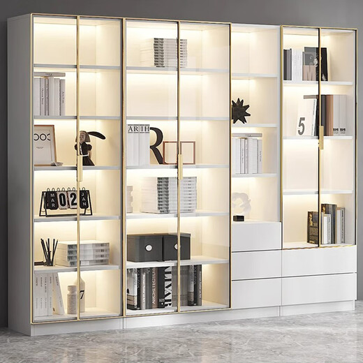 Caixiang bookcase with glass door display wine cabinet light luxury customized home living room integrated wall to top bookshelf solid wood hand-made 40cm single door light luxury gray package installation standard version delivered to the home