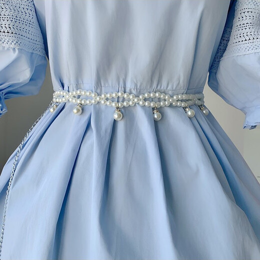 QBILY Waist Chain Artificial Pearl Autumn and Winter Dress Belt Women's Dress with Skirt Decorative Waist Chain Waistband for Women Double Layer Artificial Pearl Necklace Waist Chain - White