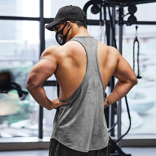 Lutielang professional fitness clothes loose quick-drying sleeveless blouse muscle training racer vest running sports men beige color L