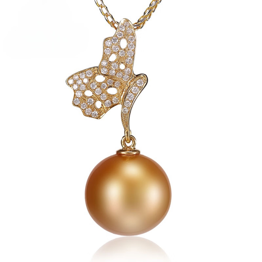 Red shadow Xian Enni yellow 18K gold gold bead pearl necklace round bright light group inlaid diamond butterfly buckle head pendant commemorative