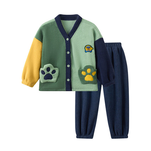 Wangwang team made great contributions to children's home clothes set coral velvet cardigan 2-piece set of boys' pajamas and baby girl's warm pajamas navy blue 120