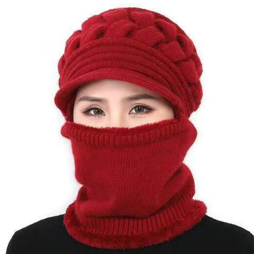 Weilang hat women middle-aged and elderly winter casual thickened woolen hat plus velvet warm scarf mother hat one-piece wine red one size