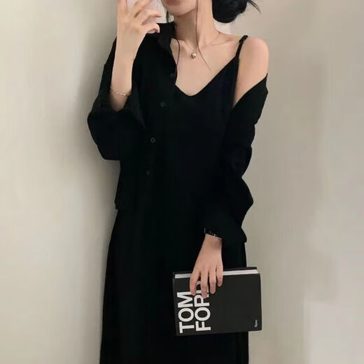 GOCHIEI韩版chic夏季法式复古气质减龄性感吊带连衣裙+衬衫外套两件套女 杏色两件套 L