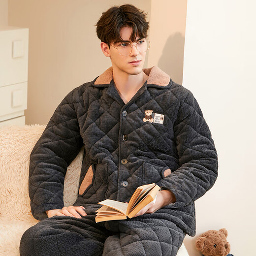 Fenton Couple Pajamas Bear Tribe IP Autumn and Winter Lapel Long Sleeve Padded and Velvet Home Clothing Set Carbon Gray-Men's L