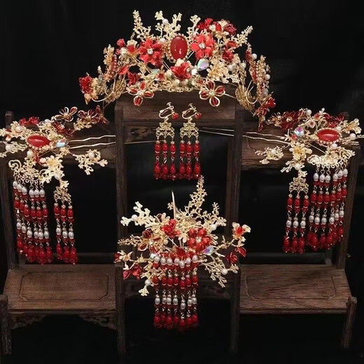 Wanbaozi bride Xiuhe tiara Chinese style ancient costume red phoenix crown tassel hair band back pressed Xiuhe clothing accessories make the face look smaller red crown suit