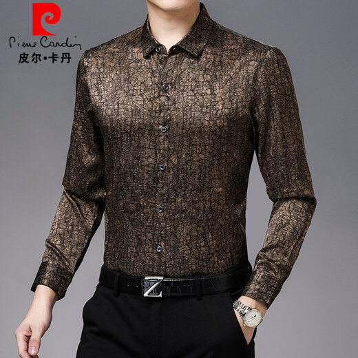 皮尔卡丹长袖衬衫男龟裂纹香云纱男装春夏商务休闲衬衣高端桑蚕丝上衣 卡其 XL 175