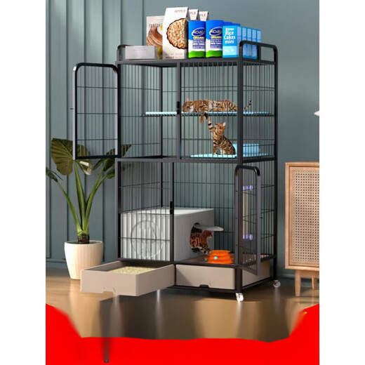 Cat cage with toilet in one, suitable for large and small kittens, home indoor four-story cat cage, villa, super large, free, three-story, black 78*55*110, classic model without cat litter, package one closed cat litter box + storage box