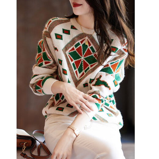 De Mana (dme) Geometric Knitted Sweater Spring and Autumn Commuting Round Neck Drop Shoulder Long Sleeve Slightly Elastic Simple Sweater for Women