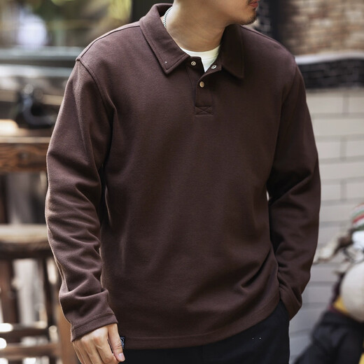 JEEP SPIRIT 250g heavy piqué cotton simple POLO shirt for men 2024 spring and autumn retro simple loose long-sleeved T-shirt dark brown 2XL suitable for 160-180Jin Jin equals 0.5 kg