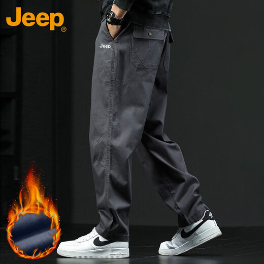 JEEP casual pants men's autumn and winter straight pants men's loose trendy overalls men's pants dark gray plus velvet 3XL