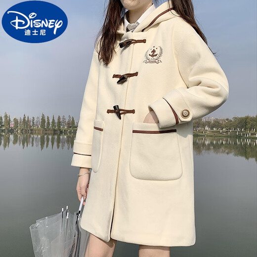 迪士尼（Disney）女大童学院风毛呢外套加棉加厚12-15岁高初中学生牛角扣呢子大衣 杏色 S码建议70-90斤