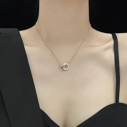 Farcoko brand rose gold double ring necklace women's clavicle chain fashion jewelry Valentine's Day birthday gift for girlfriend and wife double ring necklace - rose gold free engraving