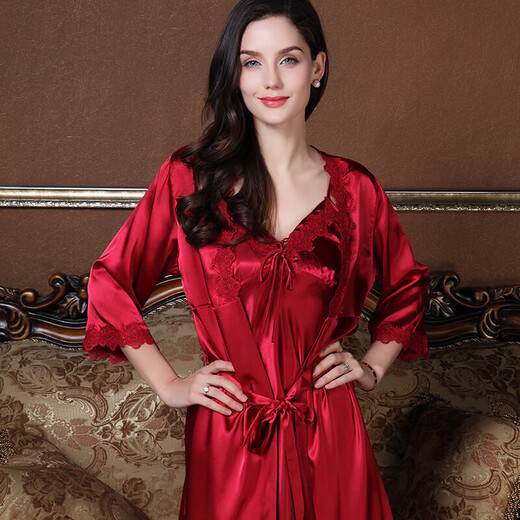 The Da Vinci Code Pajamas Women's Ice Silk Nightgown Wife's Birthday Dressing Dress Bridal Wedding Burgundy L (120 Jin Jin is equal to 0.5 kg or less)